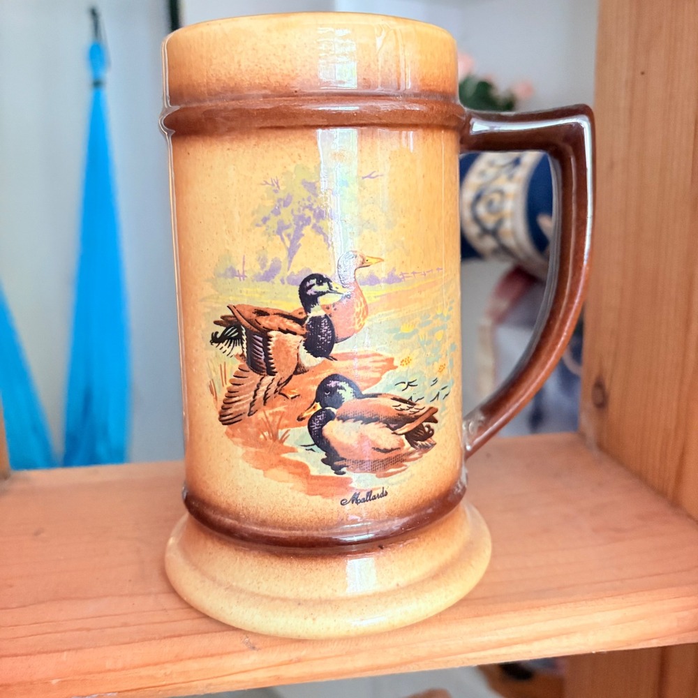 Vintage Mallard Duck Ceramic Beer Stein Mug Honey Brown Glaze Stoneware 7"